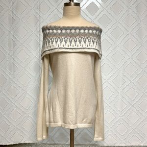 WH/BM off shoulder Faire Isle sweater
